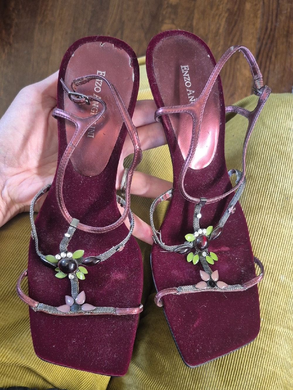 Vintage Enzo Angiolini Burgundy Velvet Jeweled T-Strap Heels